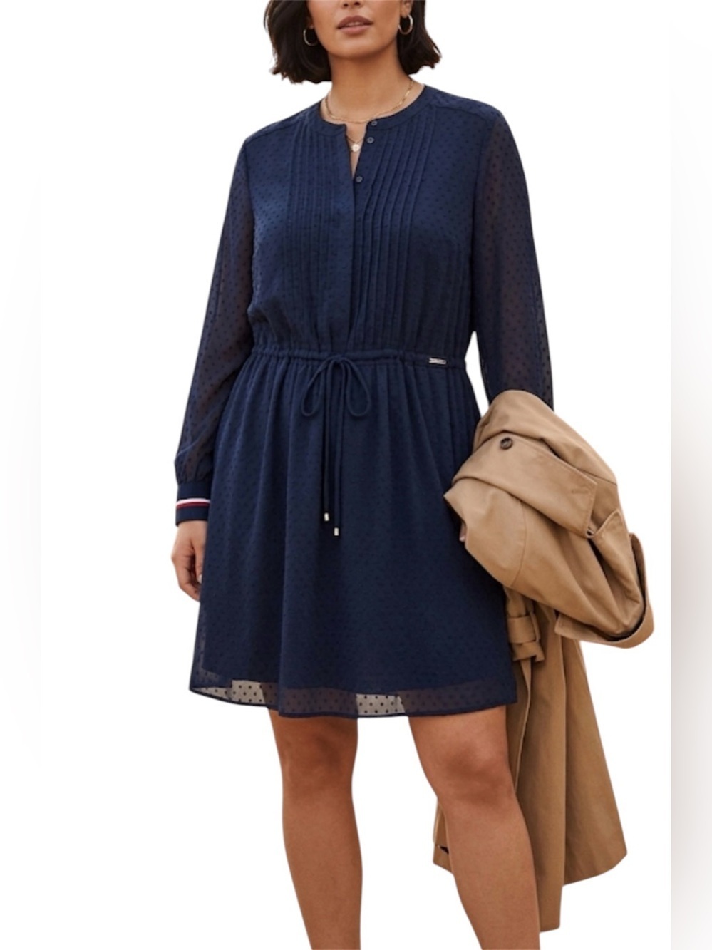 Tommy Hilfiger Shift Dress Cover Up Sz XL Navy Blue Swiss Dot Pleated Front